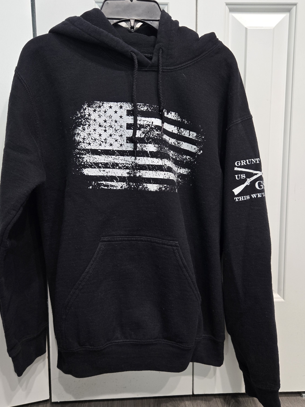 Grunt Style Black Hoodie with Distressed White Flag Graphic
